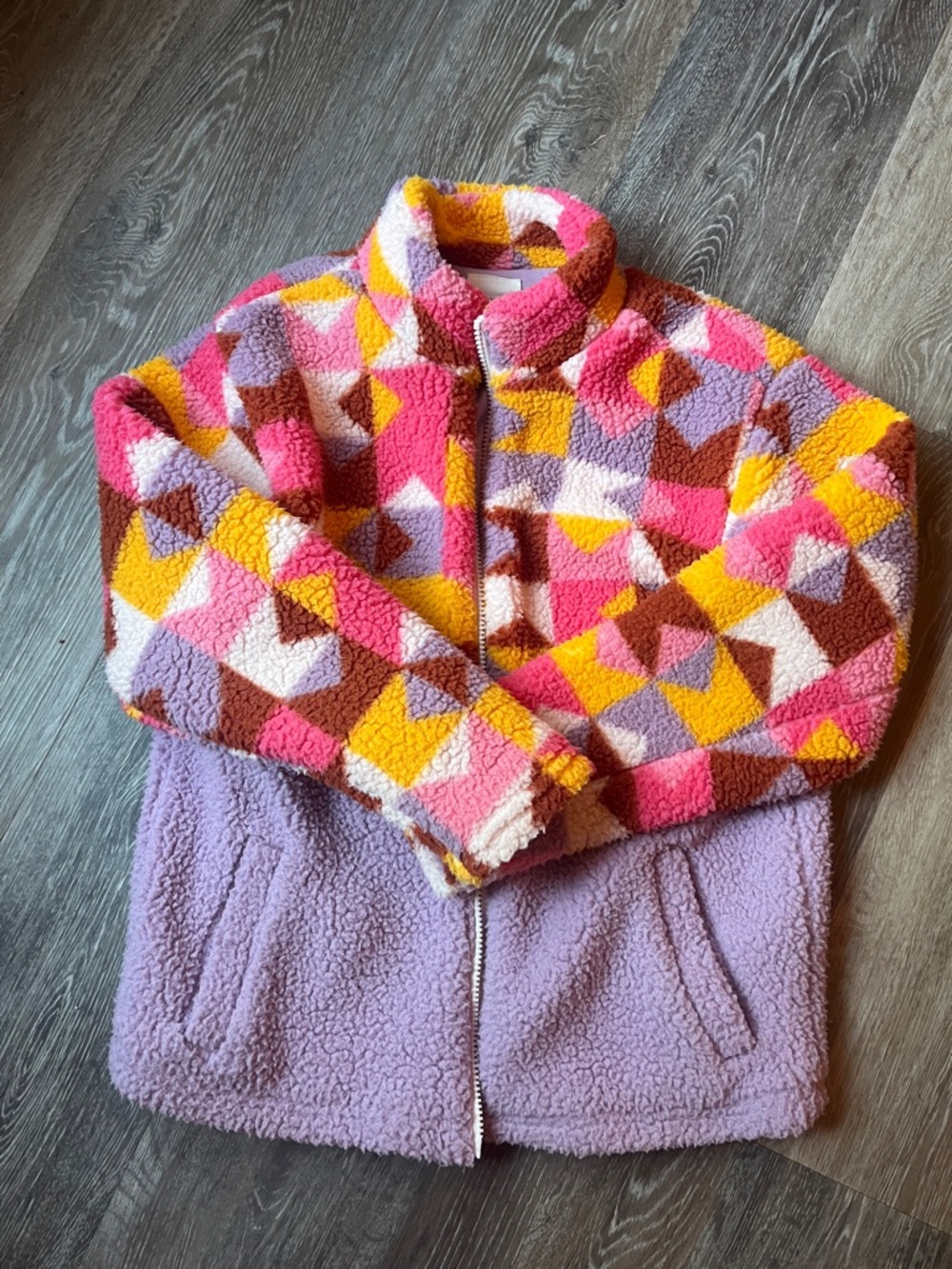 Cat & Jack Multicolor Geometric Sherpa Jacket - Pink, Yellow, Brown & Lavender